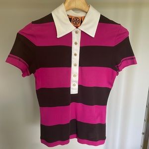 Tory Burch Button down Polo.  Size XS Pink and Brown with White trim.